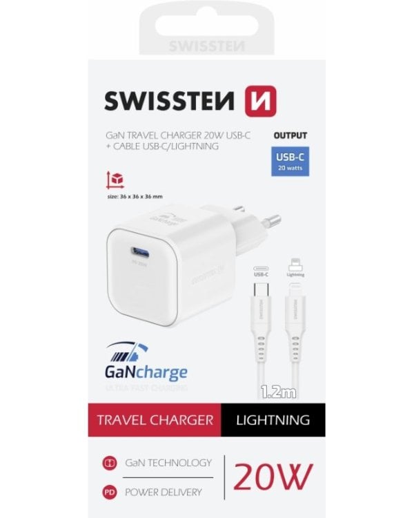 Swissten 3арядное устройство GaN USB-C 20W PD + Kабель для передачи данных USB-C - Lightning 1.2m