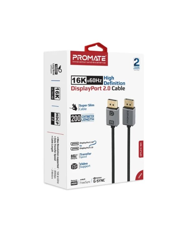 Дополнительное изображение книги «Promate DPLink-16K DisplayPort 2.0 UHD Cable 16K@60Hz / 80Gbps / 2m»