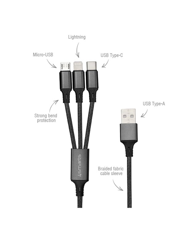 4smarts Textile Cable 3in1 ForkCord Кабель для зарядки Micro USB / USB-C / Lightning / 1m