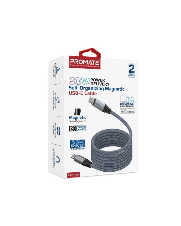 Promate Springy Магнитный кабель USB-C 60WPD / 1,2m