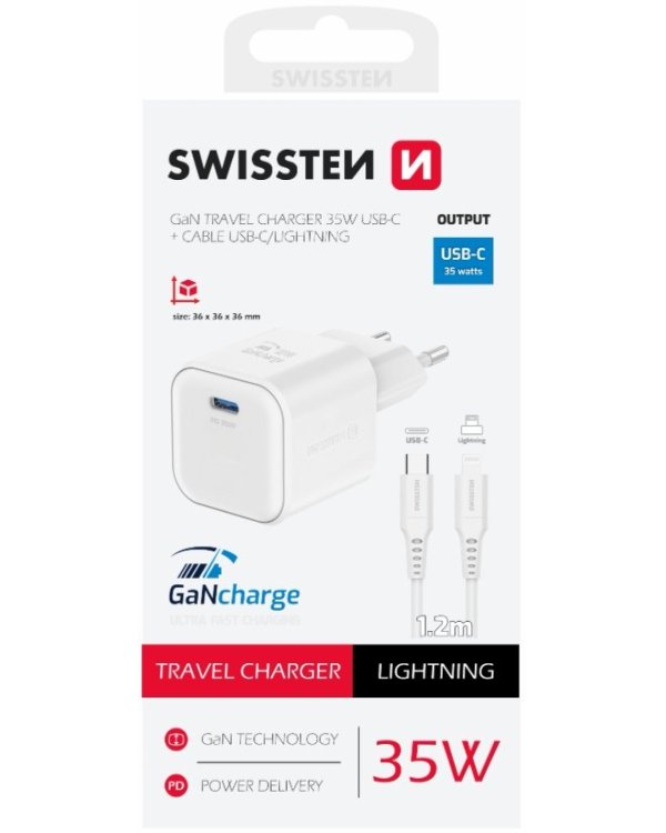 Swissten 3арядное устройство GaN USB-C 35W PD + Kабель для передачи данных USB-C - Lightning 1.2m