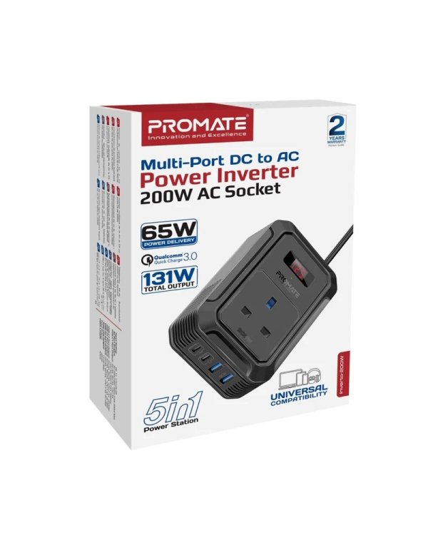 Promate Inverto-200W Автомобильный инвертор DC-AC 11-17V 200W / USB-C PD65W