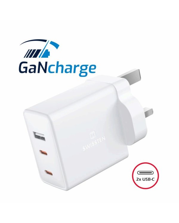 Swissten GaN Зарядное устройство 2x USB-C / USB для UK socket 70W
