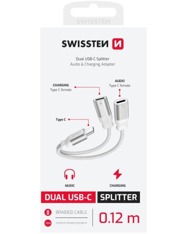 Swissten Textile USB-C Audio Charging Адаптер 2x USB-C 0.12m