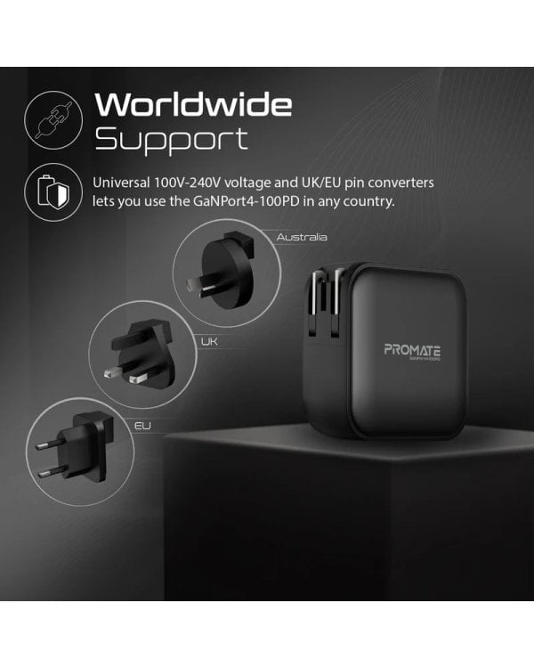 Promate GaNPort4-100PD GaNFast™ Зарядное устройство EU/US/UK/AUS