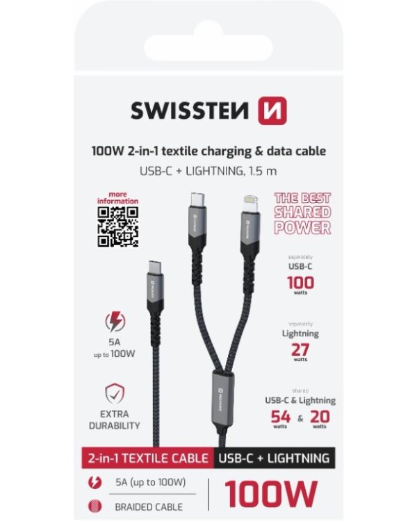 Swissten Textile 2in1 USB-C / Lighting Кабель 100W 1.5m
