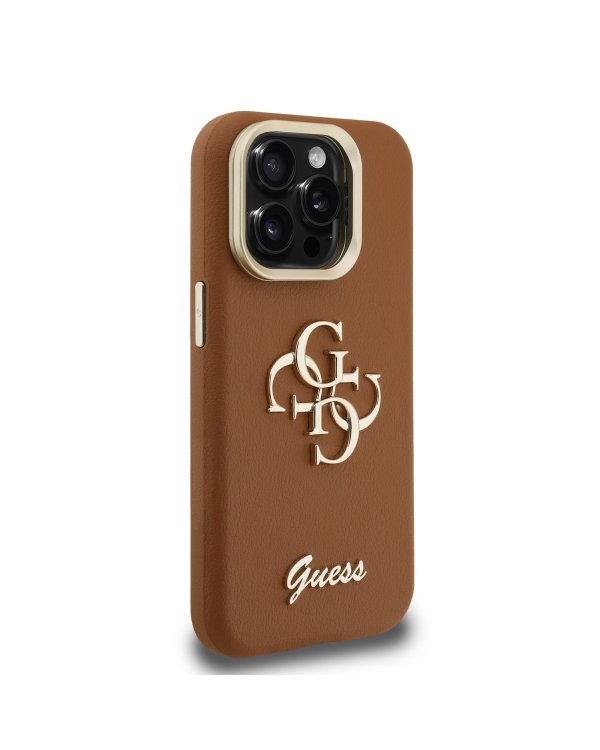 Guess PU Grained 4G Logo Stand Camera Frame Case Защитный чехол для iPhone 15 Pro Max / коричневый