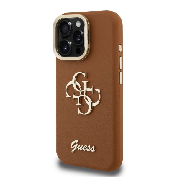 Guess PU Grained 4G Logo Stand Camera Frame Case Защитный чехол для iPhone 15 Pro / коричневый