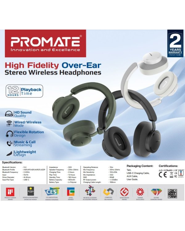 Promate Takt Беспроводные наушники Bluetooth 5.4 / AUX