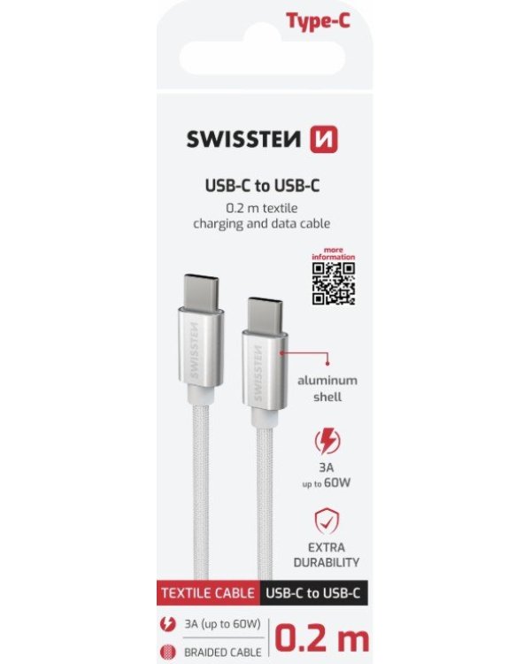 Swissten Textile Универсальный Quick Charge 3.1 USB-C / USB-C Кабель данных и зарядки 0.2m серебристый