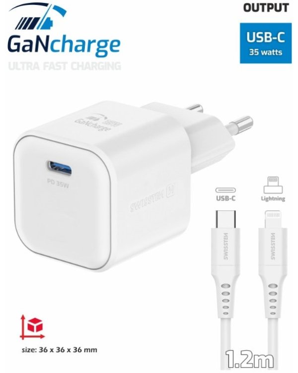 Swissten 3арядное устройство GaN USB-C 35W PD + Kабель для передачи данных USB-C - Lightning 1.2m