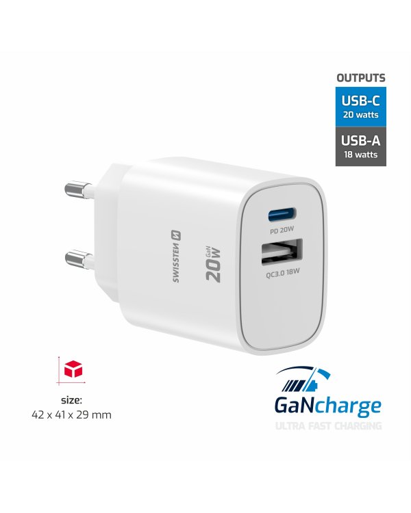 Swissten Edge GaN Зарядное устройство USB-C PD 20W + USB-A 18W QC