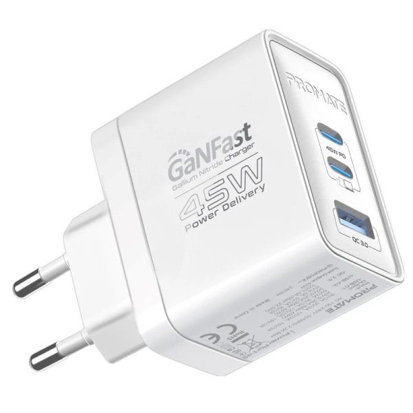 Promate PowerPort-45 GaNFast™ Зарядное устройство 45W / QC3.0 / PD45W
