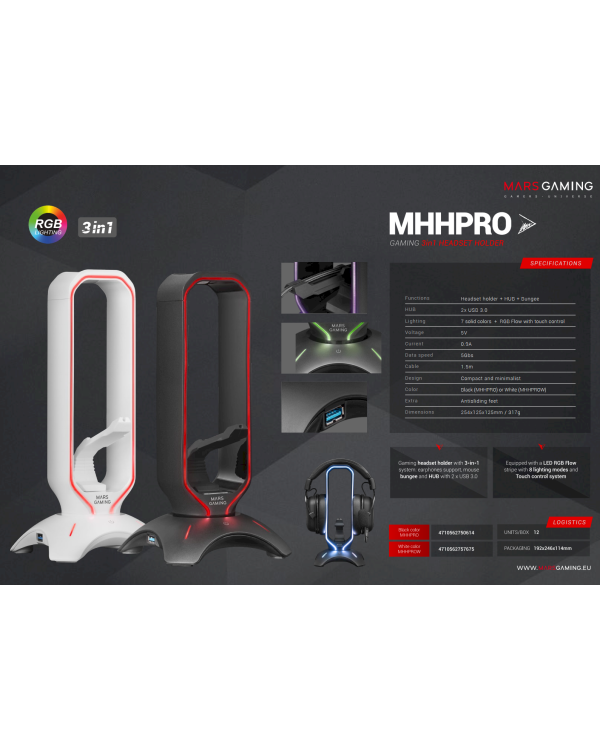 Mars Gaming MHHPROW Настольный держатель для игровых наушников USB3.0 / RGB