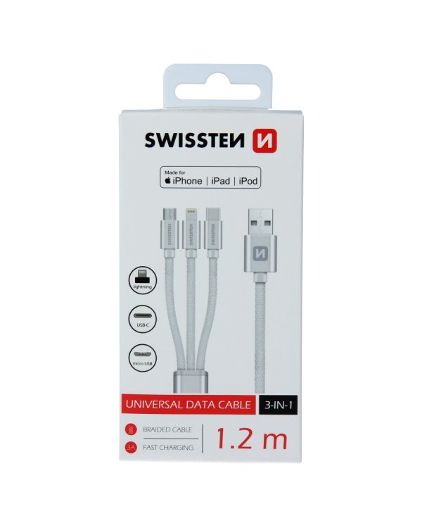 Swissten Textile Universal 3in1 USB-C / Lightning Data MFI / MircoUSB-кабель 1.2m
