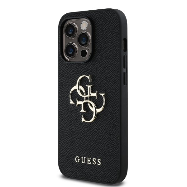 Guess PU Grained 4G Metal Logo Case Защитный чехол для iPhone 14 Pro / чёрный