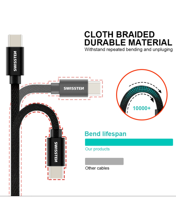 Swissten Textile Универсальный Quick Charge 3.1 USB-C / USB-C Кабель данных и зарядки 3м Черный
