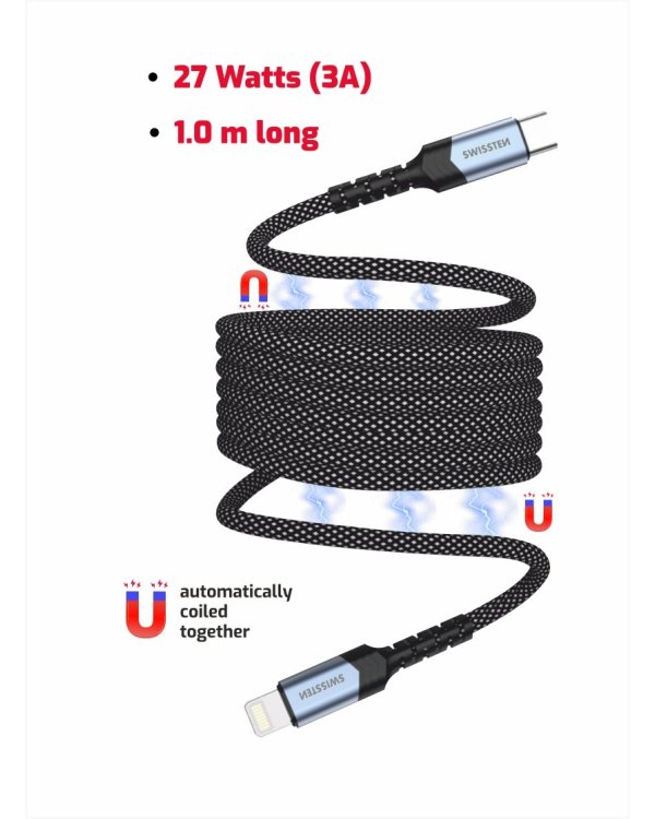 Swissten Магнитный с автоподмоткой USB-C / Lightning кабель 1m