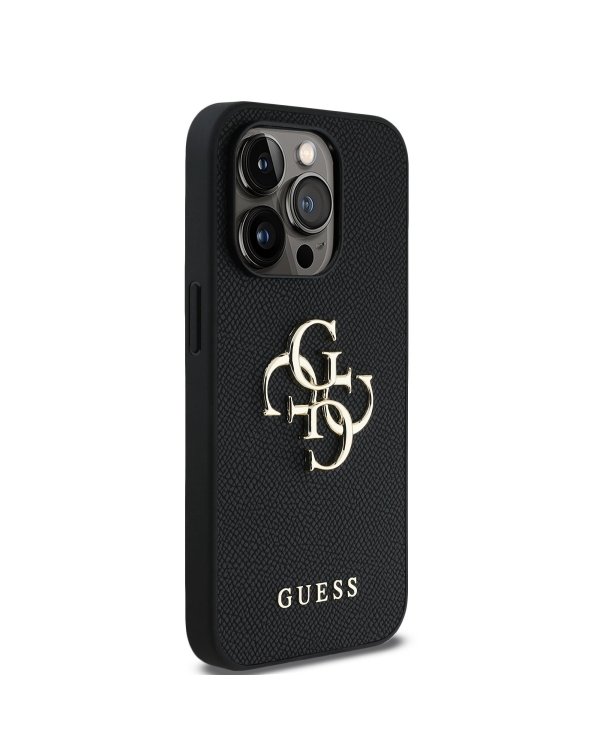 Guess PU Grained 4G Metal Logo Case Защитный чехол для iPhone 14 Pro / чёрный