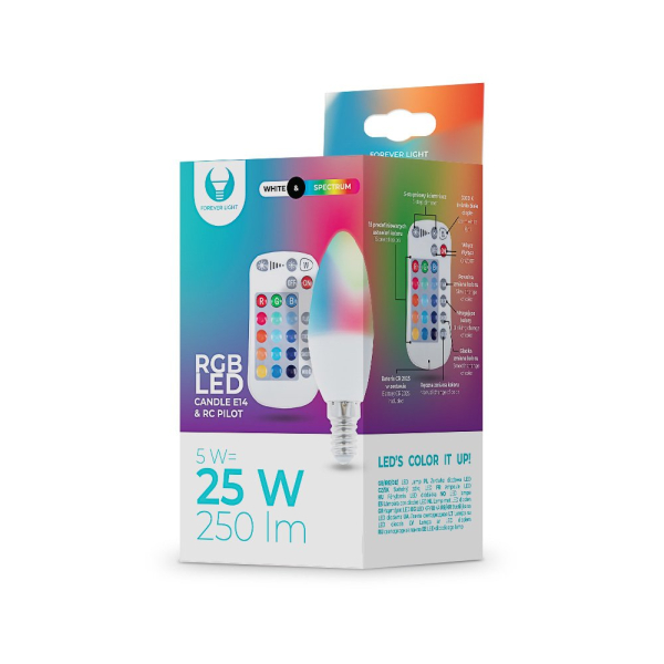 Forever Light E14 LED Лампочка C37 / 5W / 250 lm / 3000K / RGB / RC / белый