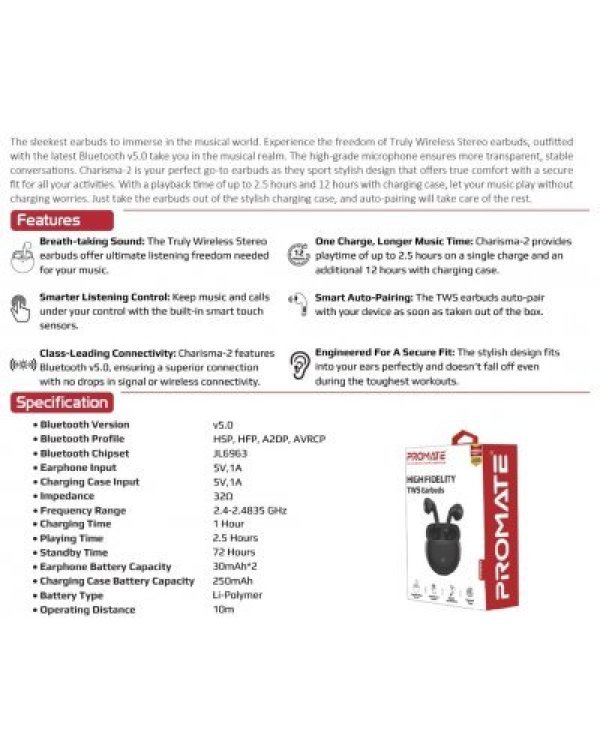 PROMATE Charisma 2 TWS Bluetooth Стерео гарнитура