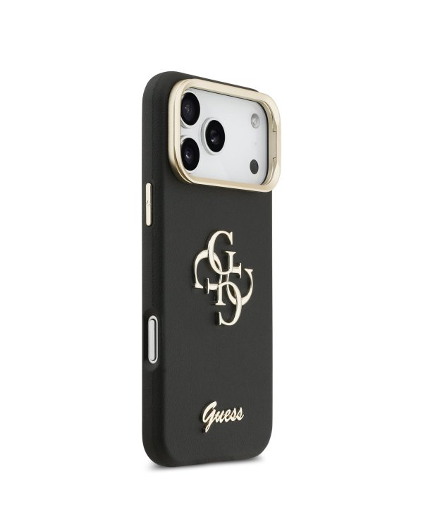 Guess PU Grained 4G Logo Stand Camera Frame Case Защитный чехол для iPhone 17 Pro Max / чёрный