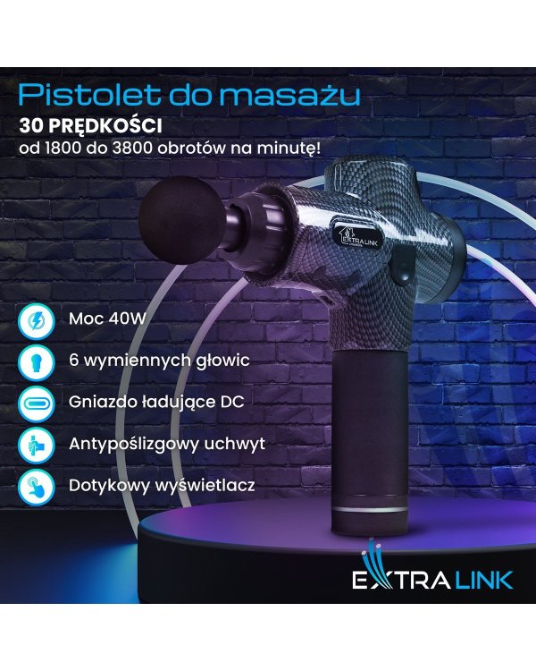 Extralink Massage Gun Pro Массажный пистолет / 3800 об/мин / 6 сменных насадок