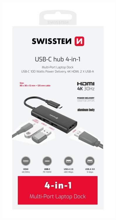 Swissten 4in1 USB-C Hub Многопортовая док-станция 100W / HDMI 4K / 2x USB-A