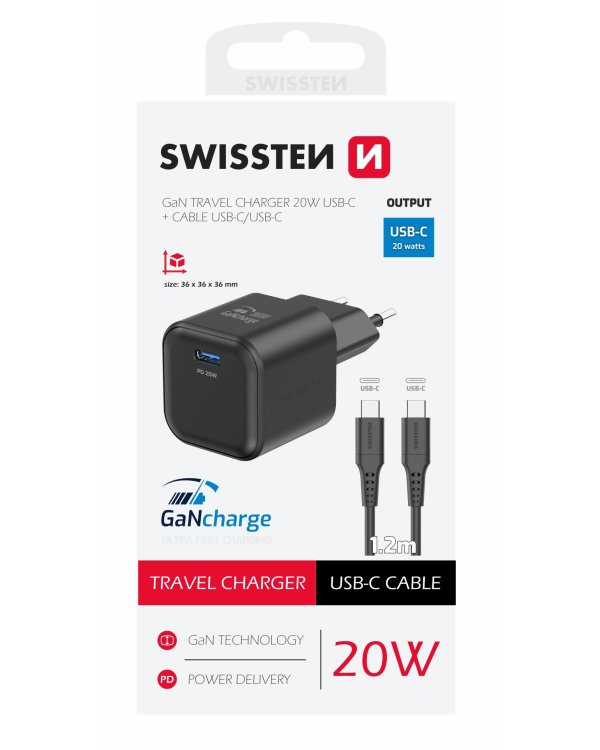 Swissten 3арядное устройство GaN USB-C 20W PD + Kабель для передачи данных USB-C-USB-C 1.2m