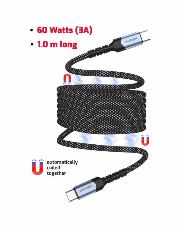 Swissten Магнитный USB-C кабель с автоподмоткой 60W 1m