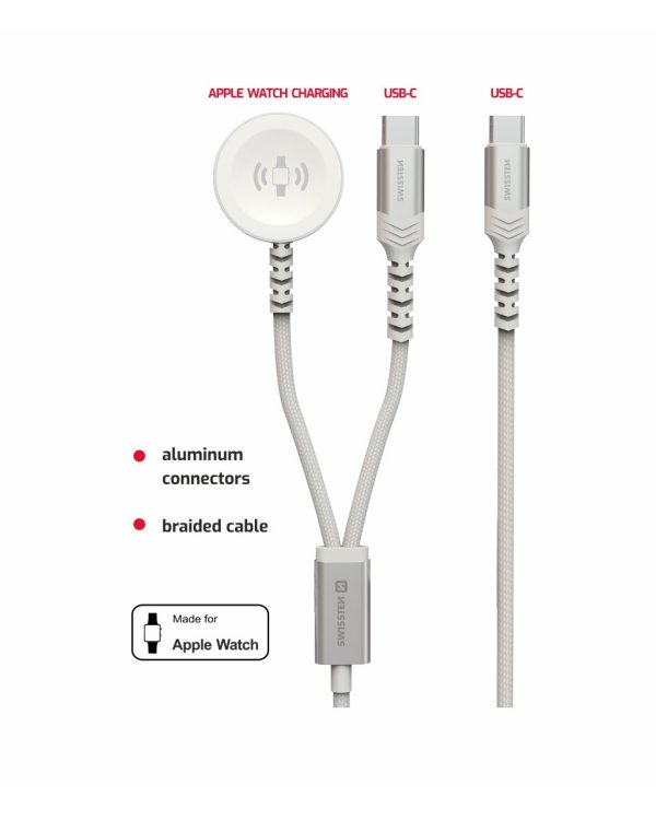 Swissten 2in1 Беспроводное Зарядное Устройство Для Apple Watch и USB-C / USB-C / 1.2m