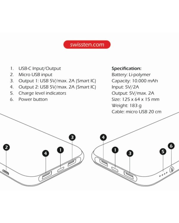 Swissten Black Core Premium Power Bank Переносная зарядная батарея 2A / USB / USB-C / 10000 mAh