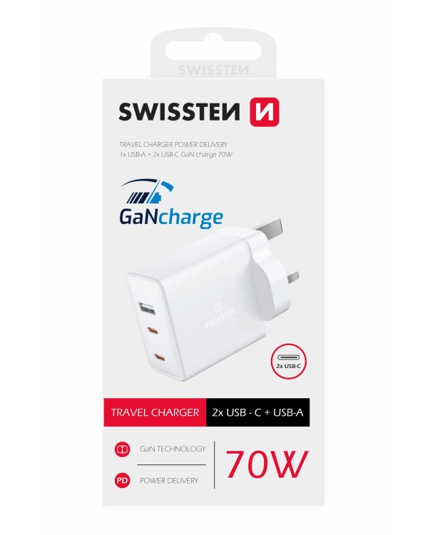 Swissten GaN Зарядное устройство 2x USB-C / USB для UK socket 70W