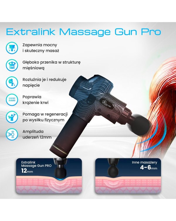 Extralink Massage Gun Pro Массажный пистолет / 3800 об/мин / 6 сменных насадок