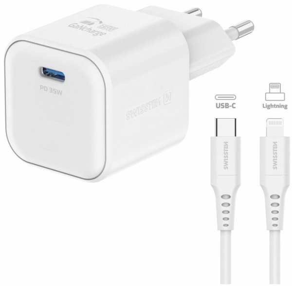 Swissten 3арядное устройство GaN USB-C 35W PD + Kабель для передачи данных USB-C - Lightning 1.2m