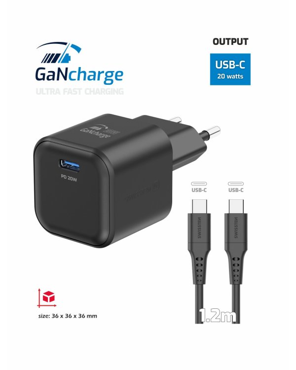 Swissten 3арядное устройство GaN USB-C 20W PD + Kабель для передачи данных USB-C-USB-C 1.2m