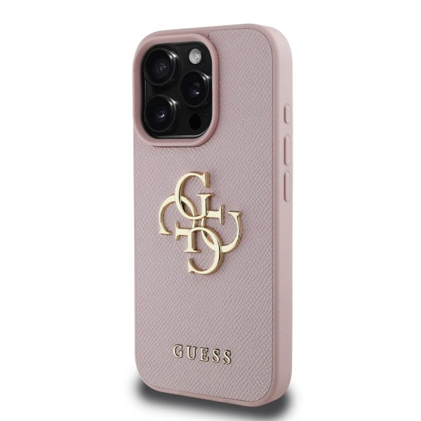 Guess PU Grained 4G Metal Logo Case Защитный чехол для iPhone 15 Pro / розовый