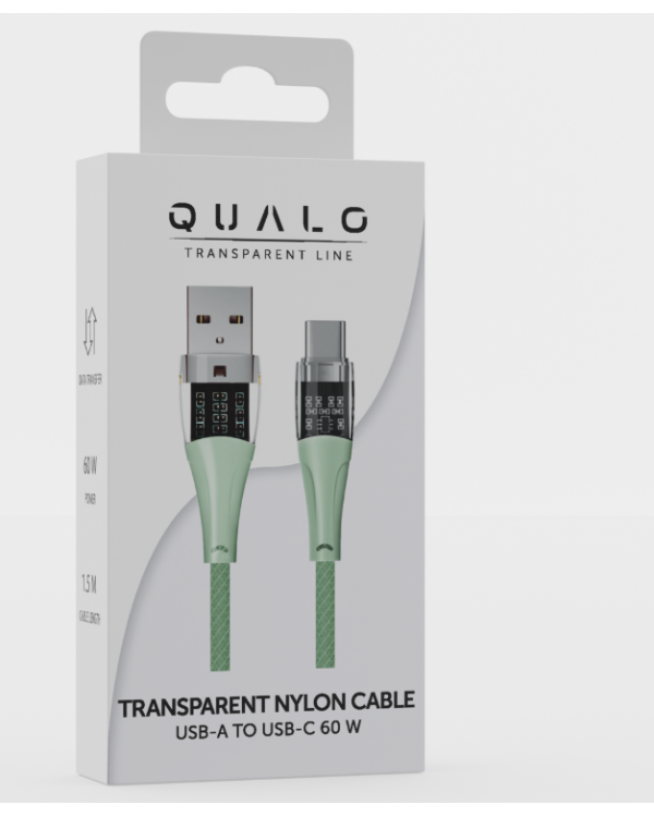 Qualo QTCN-AC-04 Transparent Nylon Kабель USB-A – USB-C / 60W / 1.5m / зеленый