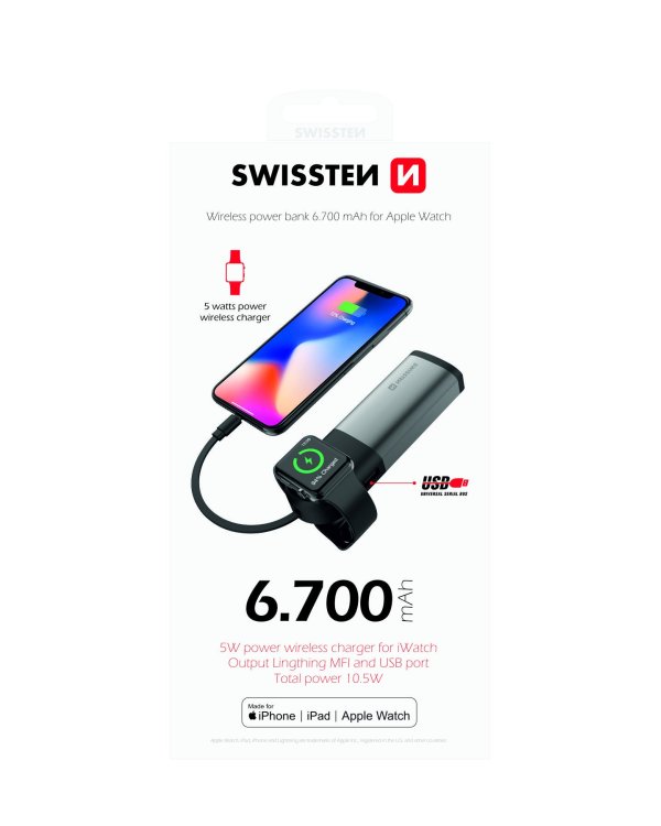 Swissten 2in1 6700 mAh Power Bank / Lightning-кабель MFi / Беспроводное зарядное устройство для Apple Watch
