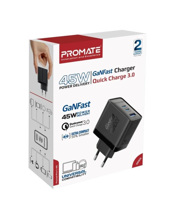 Promate PowerPort-45 GaNFast™ Зарядное устройство 45W / QC3.0 / PD45W