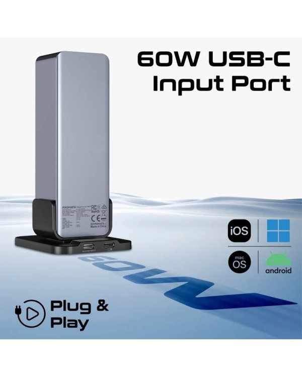PROMATE GegaTower-60W Multiport Tower Hub 14-in-1 60W / QC3.0 / PD48W / USB 3.1 5Gbps