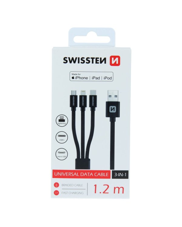 Swissten Textile Universal 3in1 USB-C / Lightning Data MFI / MircoUSB-кабель / 1.2м