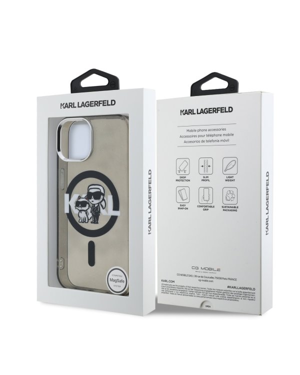 Karl Lagerfeld IML Glitter Karl and Choupette Sketch MagSafe Защитный чехол для iPhone 15 / чёрный