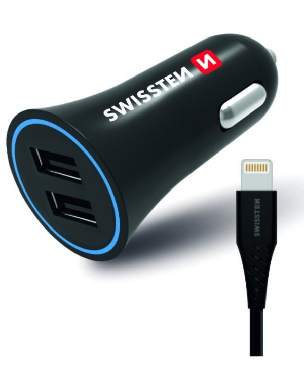 Swissten Автомобильная зарядка 12 - 24V / 1A+ 2.1A + кабель Lightning 1.2m
