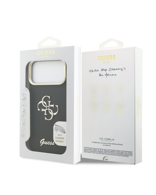 Guess PU Grained 4G Logo Stand Camera Frame Case Защитный чехол для iPhone 17 Pro Max / чёрный