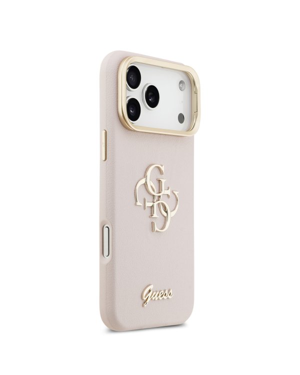 Guess PU Grained 4G Logo Stand Camera Frame Case Защитный чехол для iPhone 17 Pro Max / розовый