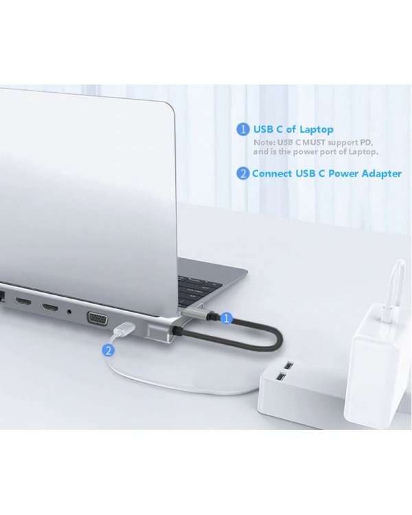 Mocco 12in1 Док станция для портативного компьютера / 2 x HDMI / 1 x USB 3.0 / USB-C / RJ45 / SD / Micro SD / VGA / PD / Audio / Серый