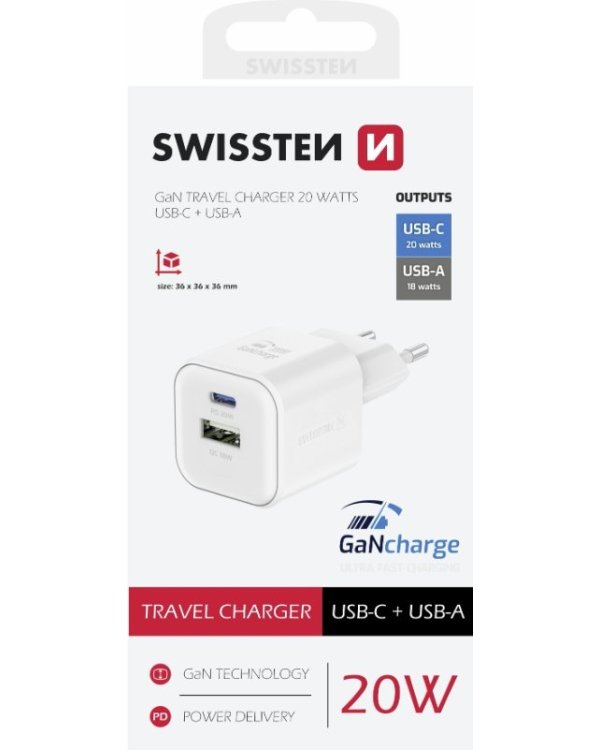 Swissten 3арядное устройство GaN USB-C 20W PD / USB-A 18W Q
