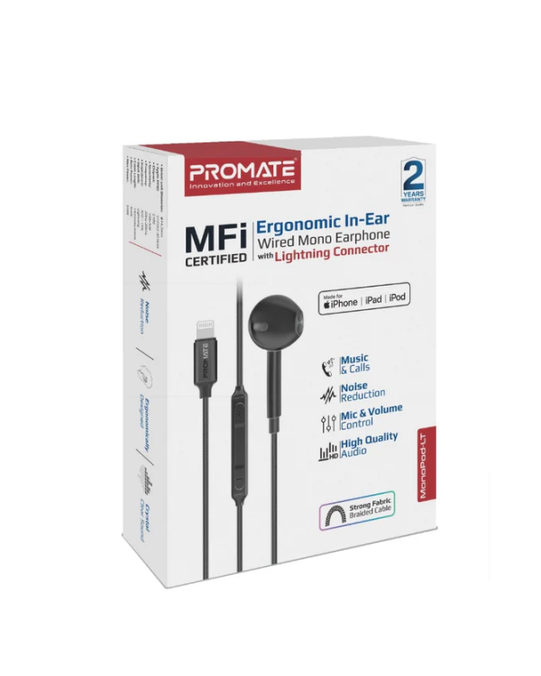Promate MonoPod Ergonomic Mono MFI Certified In-Ear Проводные наушники Lightning / 1.3m