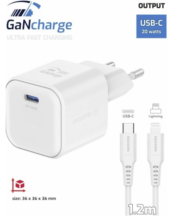Swissten 3арядное устройство GaN USB-C 20W PD + Kабель для передачи данных USB-C - Lightning 1.2m